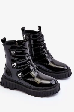 Clearance Boto Lakierowane Ocieplane Botki Dziewczęce Czarne Rilina