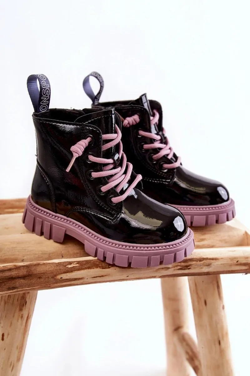 Online Boto Lakierowane Ocieplane Botki Czarno-Fioletowe Heidi