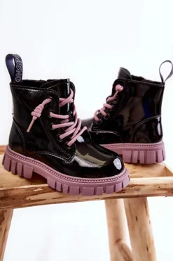 Online Boto Lakierowane Ocieplane Botki Czarno-Fioletowe Heidi