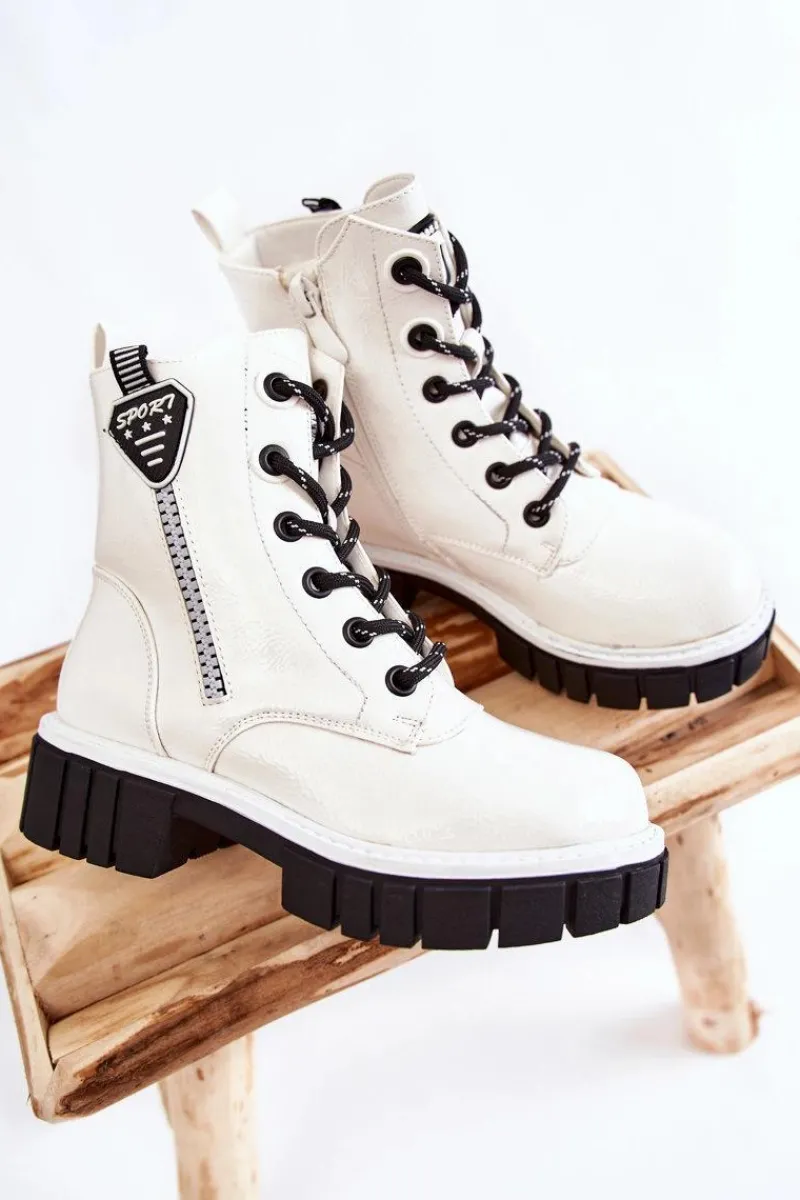 Online Damskie buty S.Barski Lakierowane Ocieplane Botki Na Suwak Białe Marcella