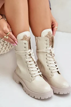 Outlet Boto Lakierowane Ocieplane Botki Workery Z Ozdobą Beżowe Kelilea Beżowy