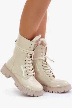 Outlet Boto Lakierowane Ocieplane Botki Workery Z Ozdobą Beżowe Kelilea Beżowy