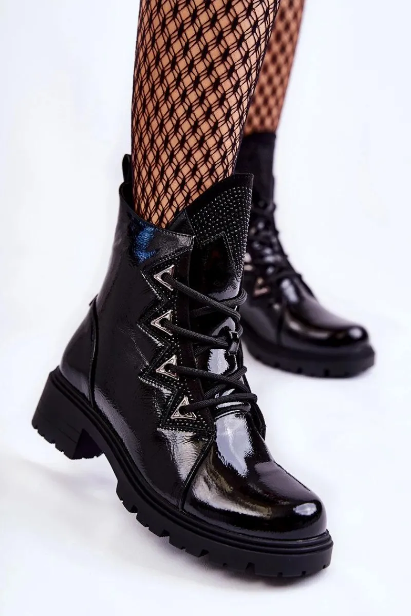 Czarne Botki|Botki Zimowe Damskie>Damskie buty S.Barski Lakierowane Ocieplane Botki Z Dżetami Czarne Gwen