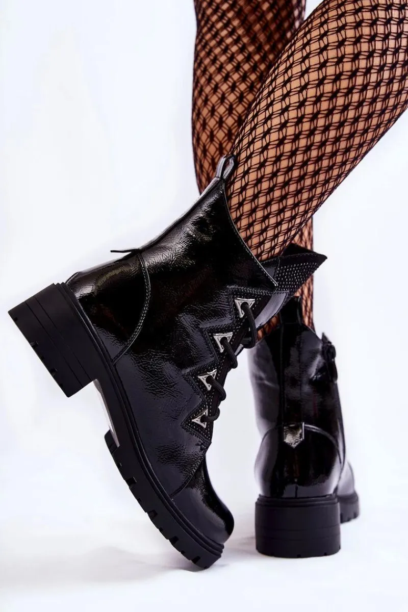 Czarne Botki|Botki Zimowe Damskie>Damskie buty S.Barski Lakierowane Ocieplane Botki Z Dżetami Czarne Gwen