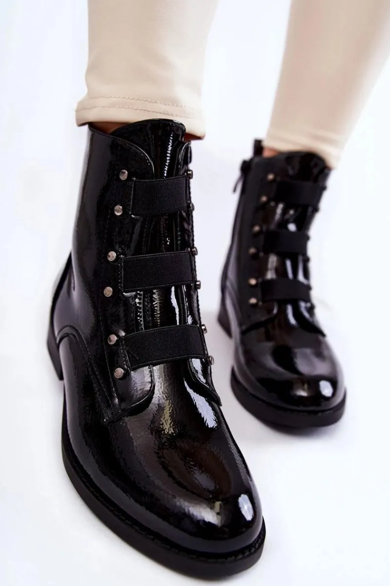 Botki Ocieplane|Czarne Botki>Damskie buty S.Barski Lakierowane Ocieplane Botki Na Płaskim Obcasie Czarne Geira