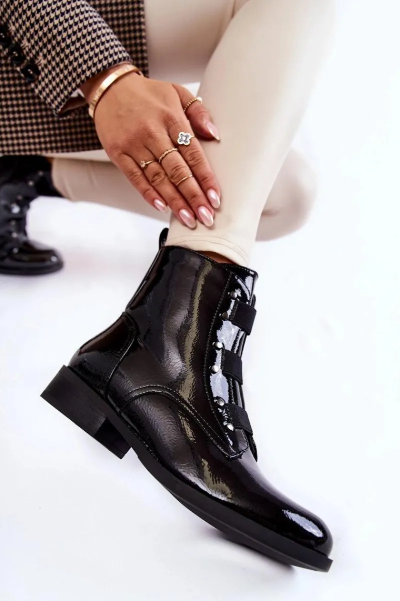 Botki Ocieplane|Czarne Botki>Damskie buty S.Barski Lakierowane Ocieplane Botki Na Płaskim Obcasie Czarne Geira