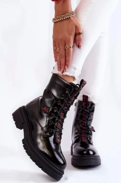 Damskie Trapery|Botki Sznurowane>Boto Lakierowane Ocieplane Botki La.Fi 250054B-LA Czarne