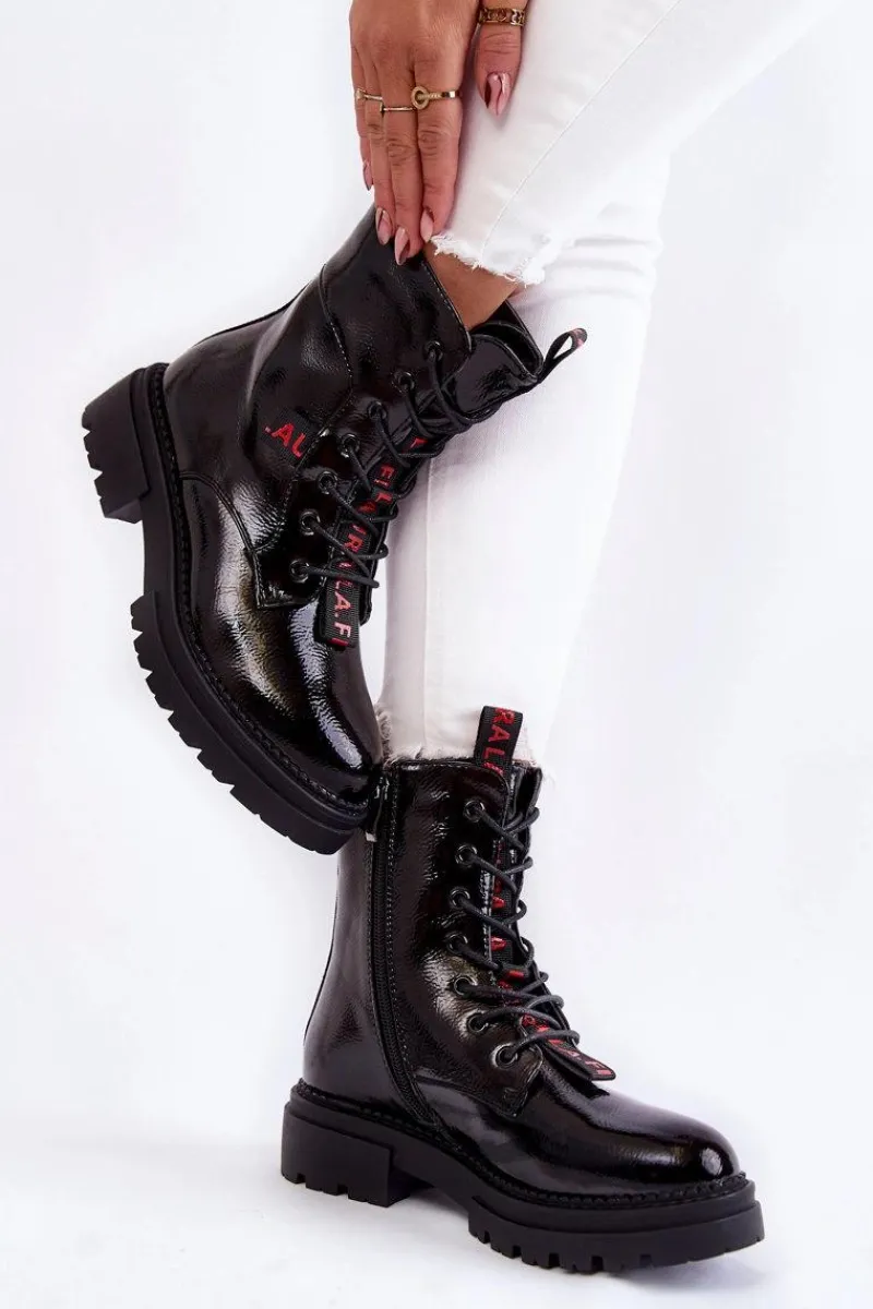 Damskie Trapery|Botki Sznurowane>Boto Lakierowane Ocieplane Botki La.Fi 250054B-LA Czarne