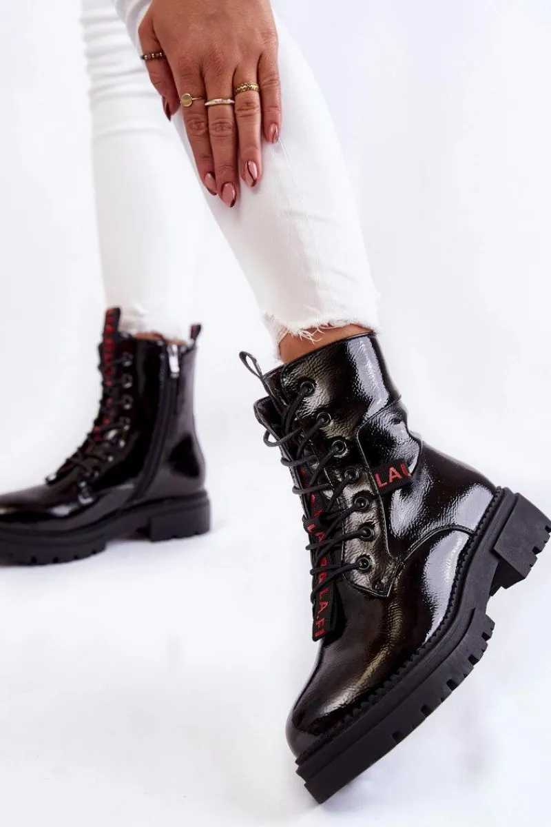 Damskie Trapery|Botki Sznurowane>Boto Lakierowane Ocieplane Botki La.Fi 250054B-LA Czarne