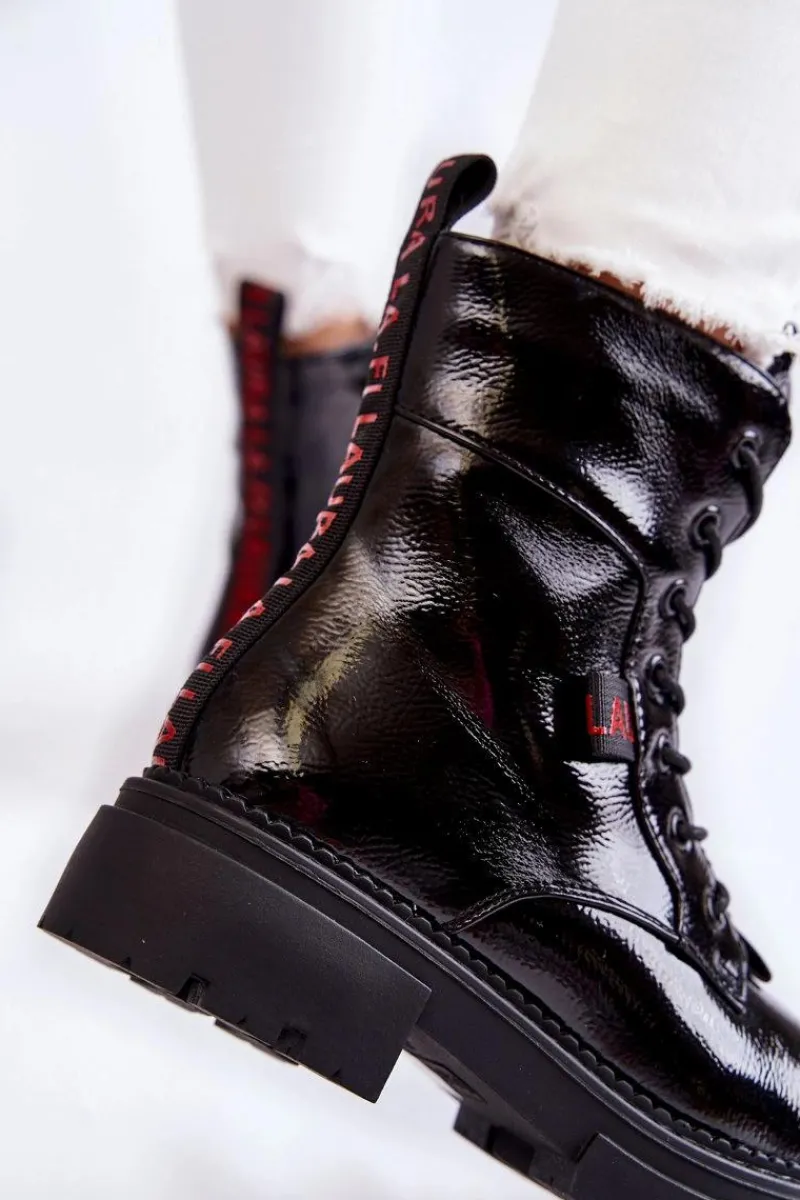 Damskie Trapery|Botki Sznurowane>Boto Lakierowane Ocieplane Botki La.Fi 250054B-LA Czarne