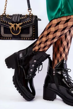 Online Lakierowane Ocieplane Botki Sznurowane Czarne Ragnhild Damskie Botki Sznurowane|Czarne Botki