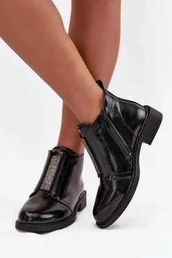 Hot Lakierowane Ocieplane Botki Damskie Na Niskim Obcasie S.Barski HY52-506 Czarne Damskie Botki Ocieplane|Czarne Botki