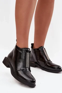 Hot Lakierowane Ocieplane Botki Damskie Na Niskim Obcasie S.Barski HY52-506 Czarne Damskie Botki Ocieplane|Czarne Botki