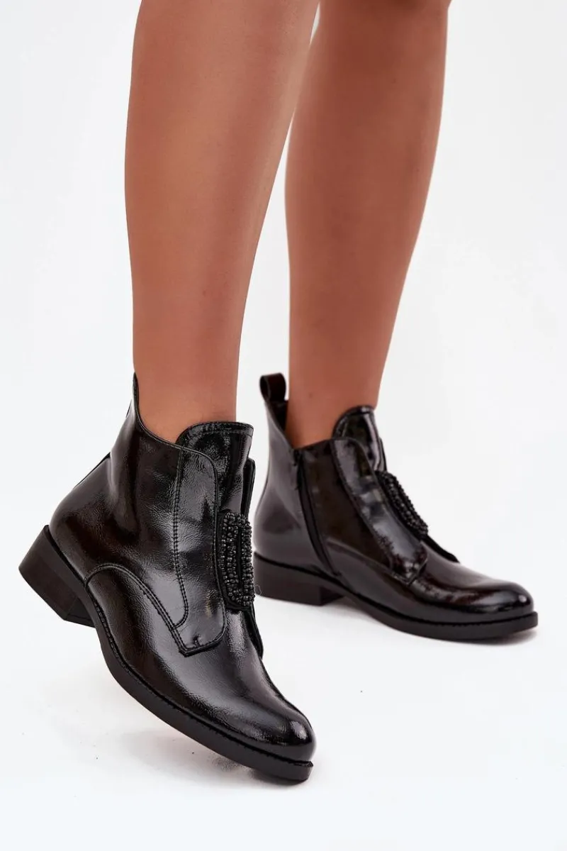 Discount Damskie buty S.Barski Lakierowane Ocieplane Botki Damskie Z Ozdobnym Detalem S.Barski HY52-525 Czarne