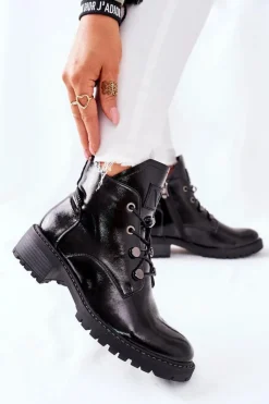 Sale Lakierowane Ocieplane Botki Czarne Cloghan Damskie Botki Sznurowane|Czarne Botki