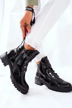 Sale Lakierowane Ocieplane Botki Czarne Cloghan Damskie Botki Sznurowane|Czarne Botki