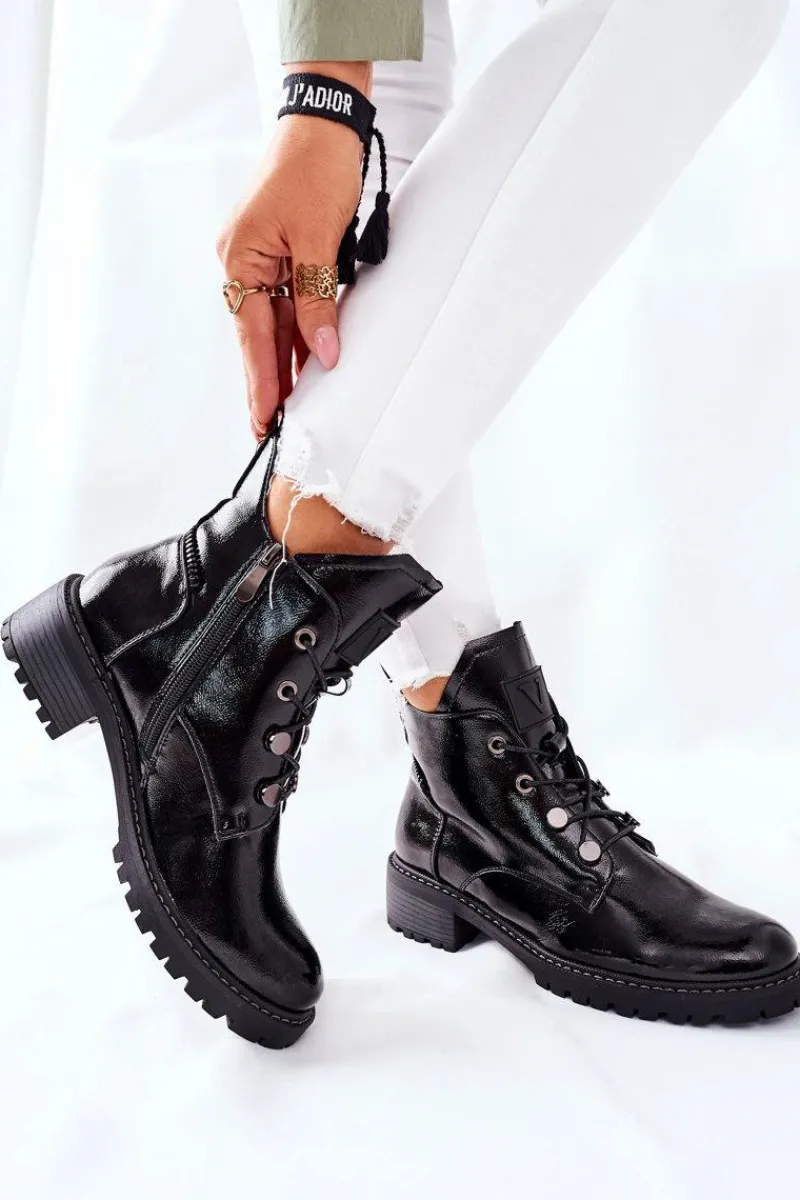 Sale Lakierowane Ocieplane Botki Czarne Cloghan Damskie Botki Sznurowane|Czarne Botki