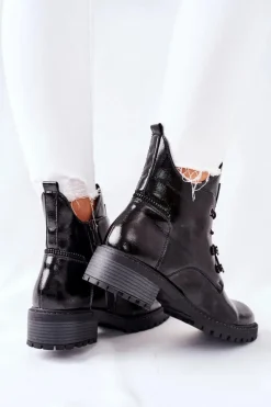 Sale Lakierowane Ocieplane Botki Czarne Cloghan Damskie Botki Sznurowane|Czarne Botki