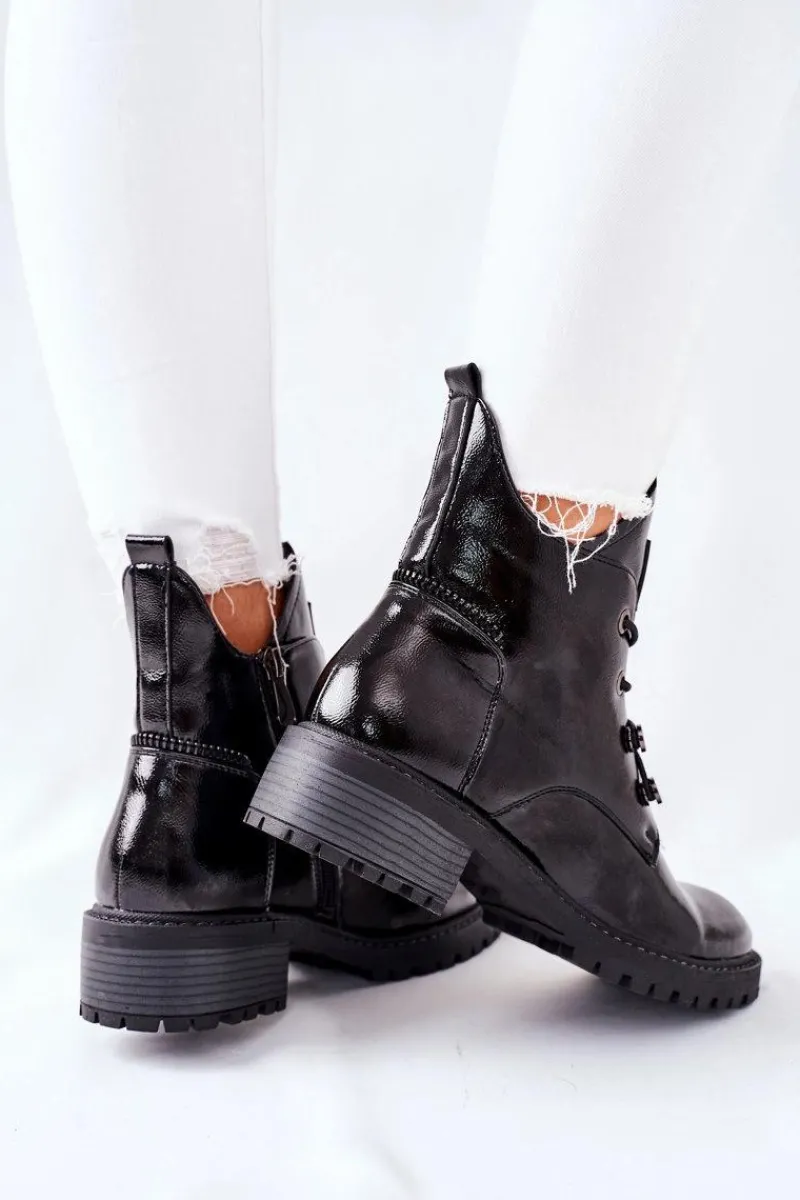 Sale Lakierowane Ocieplane Botki Czarne Cloghan Damskie Botki Sznurowane|Czarne Botki