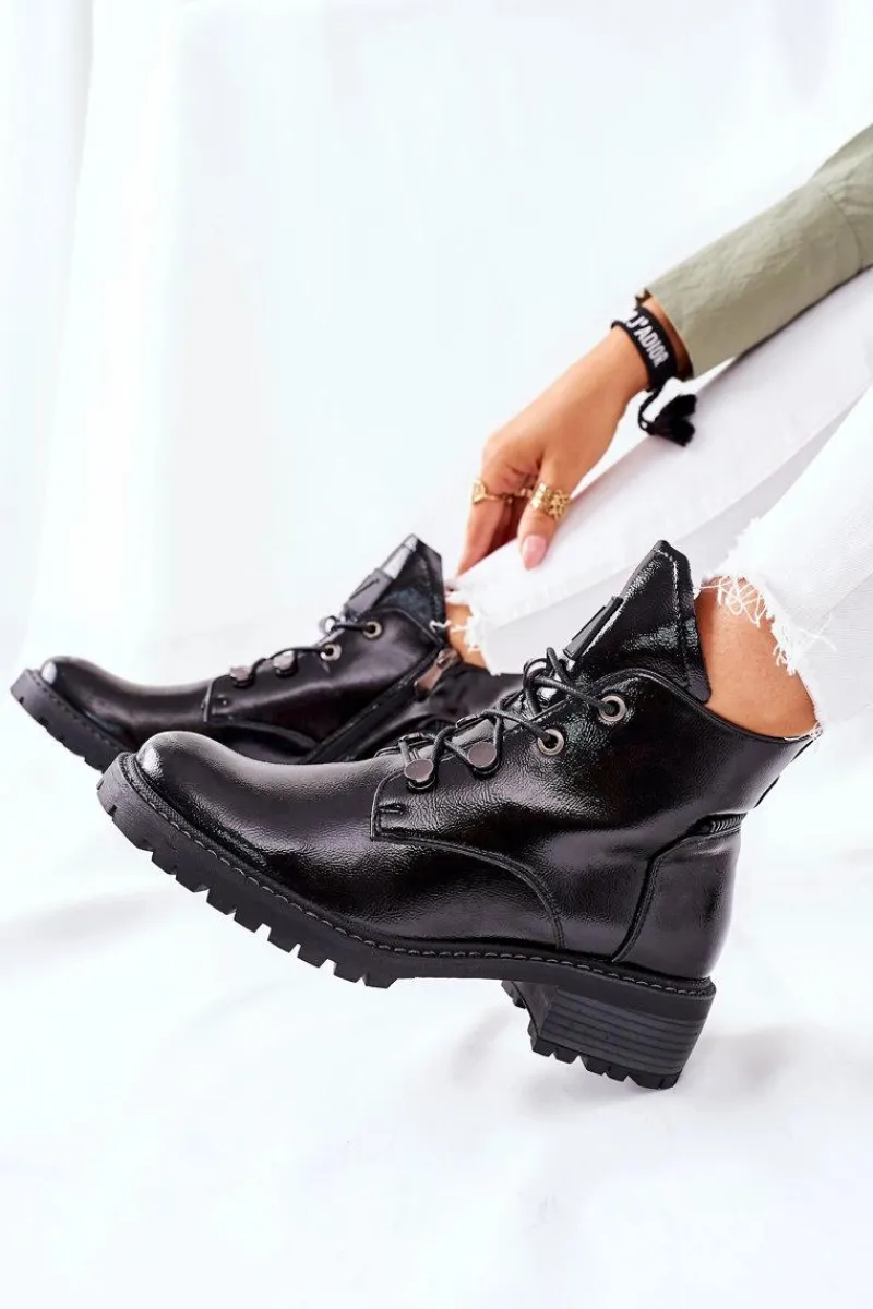 Sale Lakierowane Ocieplane Botki Czarne Cloghan Damskie Botki Sznurowane|Czarne Botki