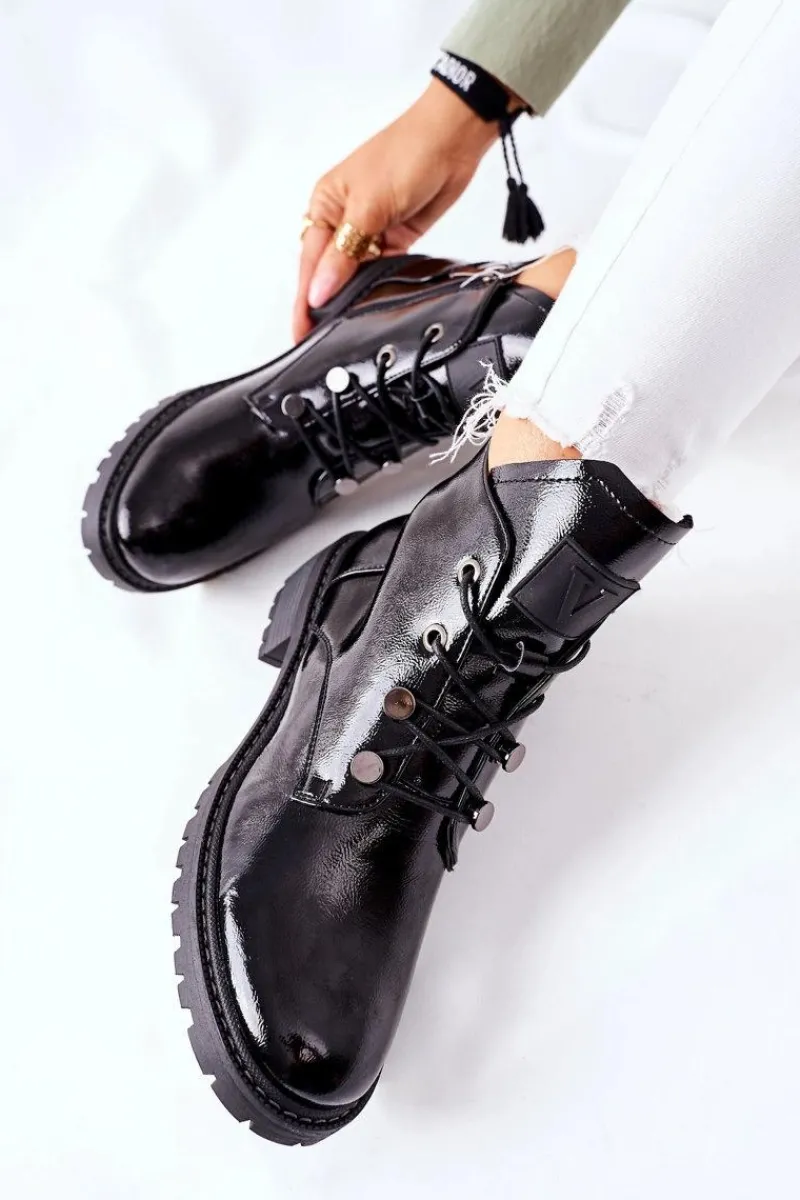 Sale Lakierowane Ocieplane Botki Czarne Cloghan Damskie Botki Sznurowane|Czarne Botki