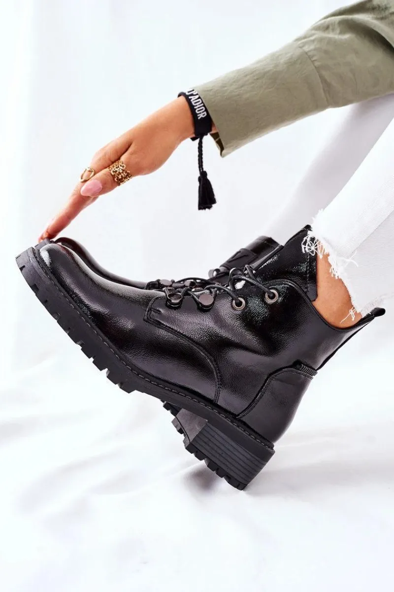 Sale Lakierowane Ocieplane Botki Czarne Cloghan Damskie Botki Sznurowane|Czarne Botki