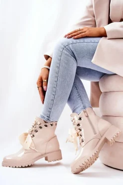 Botki Sznurowane|Botki Zimowe Damskie>Boto Lakierowane Ocieplane Workery Z Perełkami Beżowe Perla