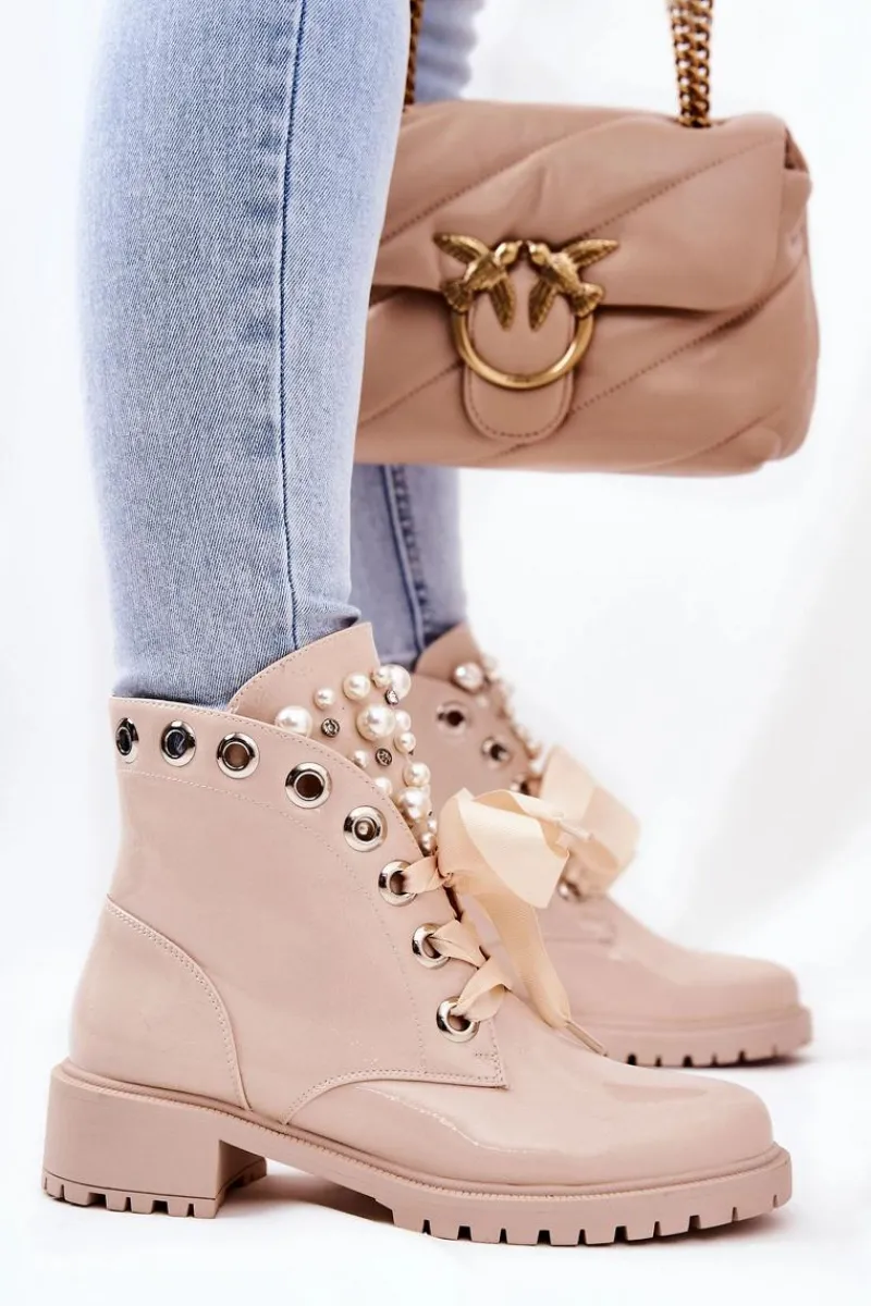 Botki Sznurowane|Botki Zimowe Damskie>Boto Lakierowane Ocieplane Workery Z Perełkami Beżowe Perla