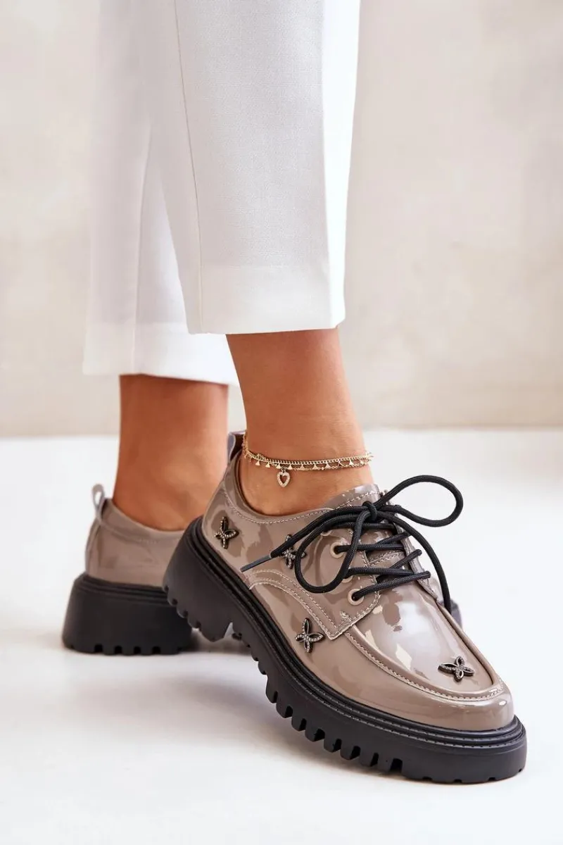 Półbuty Lakierowane|Półbuty Skórzane>Artiker Lakierowane Półbuty Damskie Z Ozdobami Skóra Naturalna 55C1010 Ciemnobeżowe