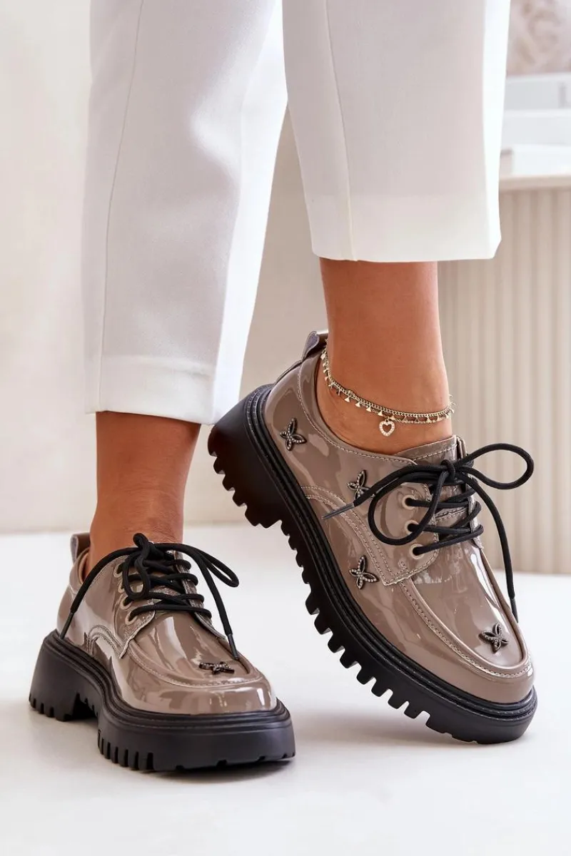 Półbuty Lakierowane|Półbuty Skórzane>Artiker Lakierowane Półbuty Damskie Z Ozdobami Skóra Naturalna 55C1010 Ciemnobeżowe