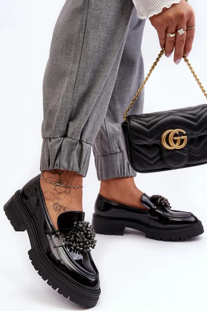 Discount Lakierowane Półbuty Damskie Zdobione Czarne Annella Damskie Mokasyny Damskie Lakierowane