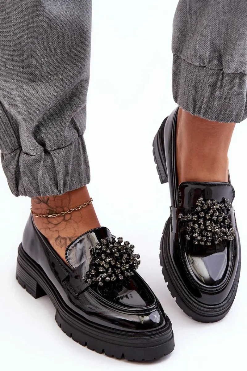 Discount Lakierowane Półbuty Damskie Zdobione Czarne Annella Damskie Mokasyny Damskie Lakierowane