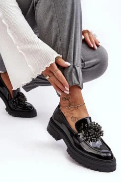 Discount Lakierowane Półbuty Damskie Zdobione Czarne Annella Damskie Mokasyny Damskie Lakierowane