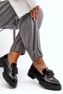 Discount Lakierowane Półbuty Damskie Zdobione Czarne Annella Damskie Mokasyny Damskie Lakierowane