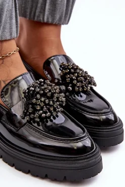 Discount Lakierowane Półbuty Damskie Zdobione Czarne Annella Damskie Mokasyny Damskie Lakierowane