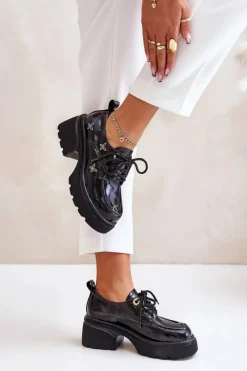 Outlet Lakierowane Półbuty Damskie Z Ozdobami Skóra Naturalna 55C0419 Czarne Damskie Półbuty Lakierowane|Półbuty Skórzane