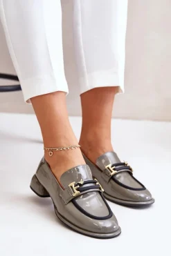 Hot Lakierowane Półbuty Damskie Na Klocku Z Ozdobą 55C0412 Szare Damskie Półbuty Skórzane