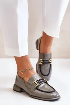 Hot Lakierowane Półbuty Damskie Na Klocku Z Ozdobą 55C0412 Szare Damskie Półbuty Skórzane