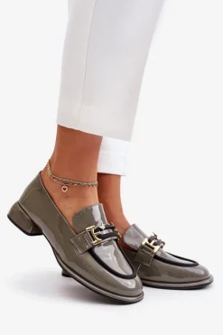 Hot Lakierowane Półbuty Damskie Na Klocku Z Ozdobą 55C0412 Szare Damskie Półbuty Skórzane