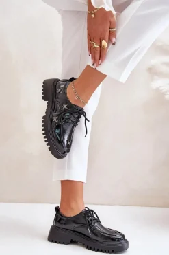 Best Artiker Lakierowane Półbuty Damskie Z Ozdobami Skóra Naturalna 55C1011 Czarne