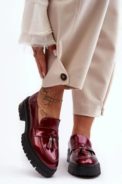 Online Lakierowane Półbuty Loafersy Z Frędzlami Bordowe Velenase Damskie Mokasyny Damskie Lakierowane