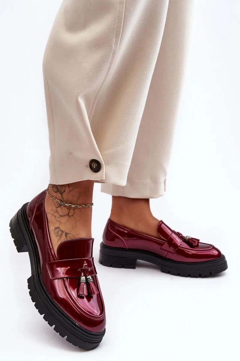 Online Lakierowane Półbuty Loafersy Z Frędzlami Bordowe Velenase Damskie Mokasyny Damskie Lakierowane