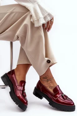 Online Lakierowane Półbuty Loafersy Z Frędzlami Bordowe Velenase Damskie Mokasyny Damskie Lakierowane