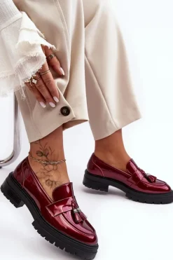 Online Lakierowane Półbuty Loafersy Z Frędzlami Bordowe Velenase Damskie Mokasyny Damskie Lakierowane