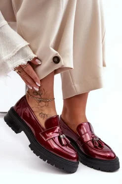 Online Lakierowane Półbuty Loafersy Z Frędzlami Bordowe Velenase Damskie Mokasyny Damskie Lakierowane