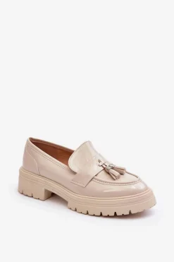 Clearance Lakierowane Półbuty Loafersy Z Frędzlami Jasnobeżowe Velenase Damskie Mokasyny Damskie Lakierowane