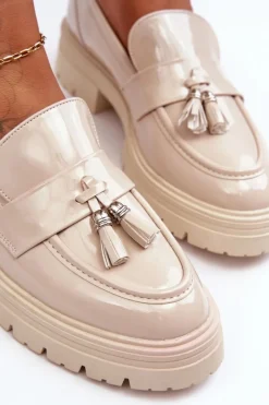 Clearance Lakierowane Półbuty Loafersy Z Frędzlami Jasnobeżowe Velenase Damskie Mokasyny Damskie Lakierowane