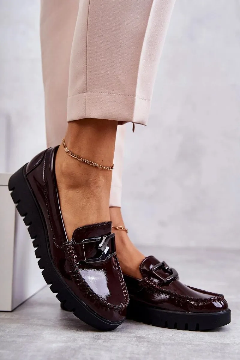 Półbuty Lakierowane|Mokasyny Damskie Lakierowane>Buty Sergio Leone Lakierowane Półbuty Loafery Na Platformie Bordowe Kjersti