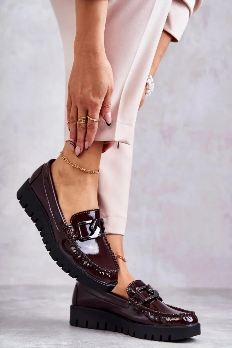 Półbuty Lakierowane|Mokasyny Damskie Lakierowane>Buty Sergio Leone Lakierowane Półbuty Loafery Na Platformie Bordowe Kjersti