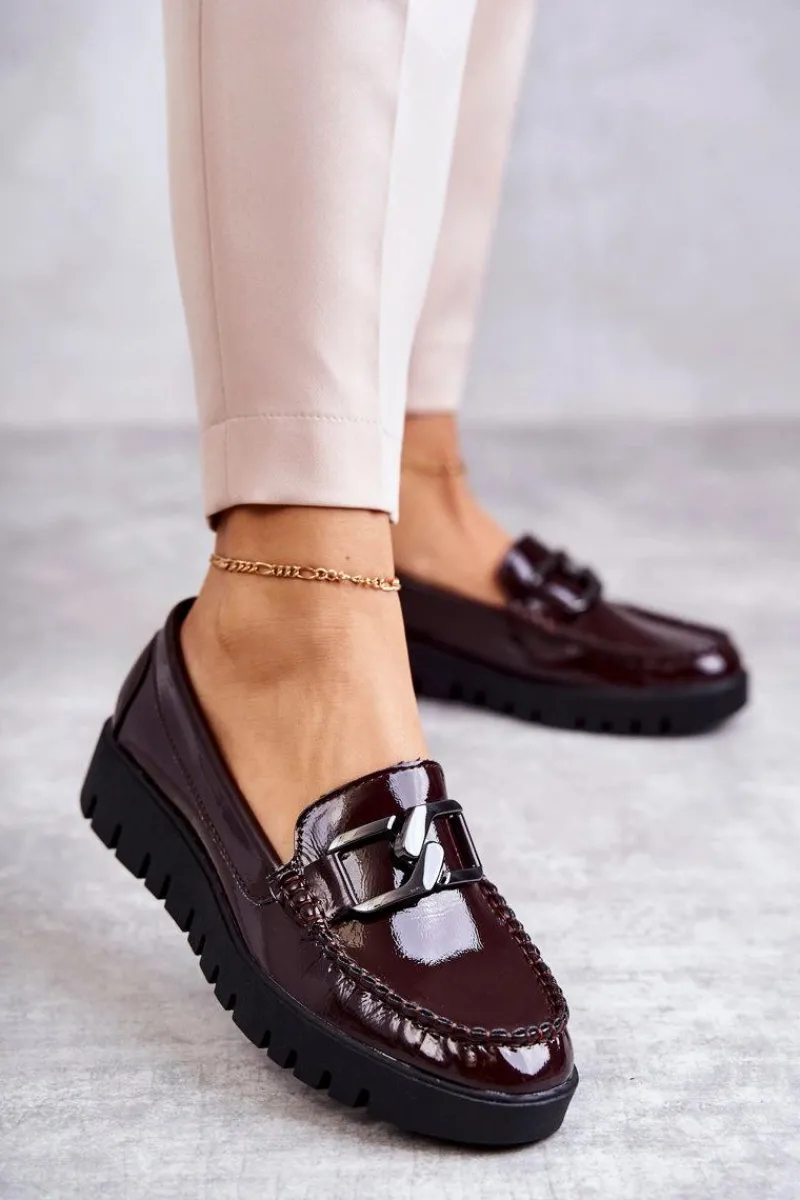 Półbuty Lakierowane|Mokasyny Damskie Lakierowane>Buty Sergio Leone Lakierowane Półbuty Loafery Na Platformie Bordowe Kjersti